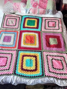 Handmade Crochet Granny Square Blanket 58x58 Colorful Boho Throw